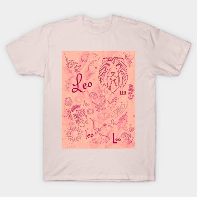 Leo Vintage Pink Zodiac Sign - Astrology Decor T-Shirt by NihaCollection